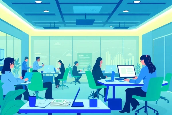 View of professionals collaborating at https://banca.cn.com/ for bancassurance solutions in a modern office setting.