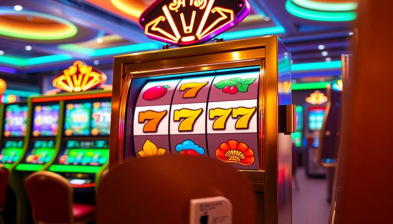 Menangkan slot gacor dengan mesin slot modern yang ber kilau, dikelilingi oleh suasana kasino yang ceria.