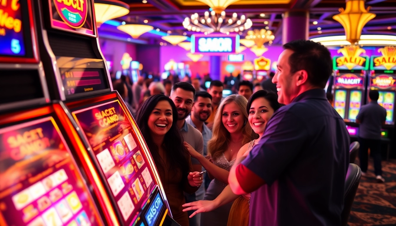 Excited players gather around a lively slot gacor machine in a vibrant casino setting.